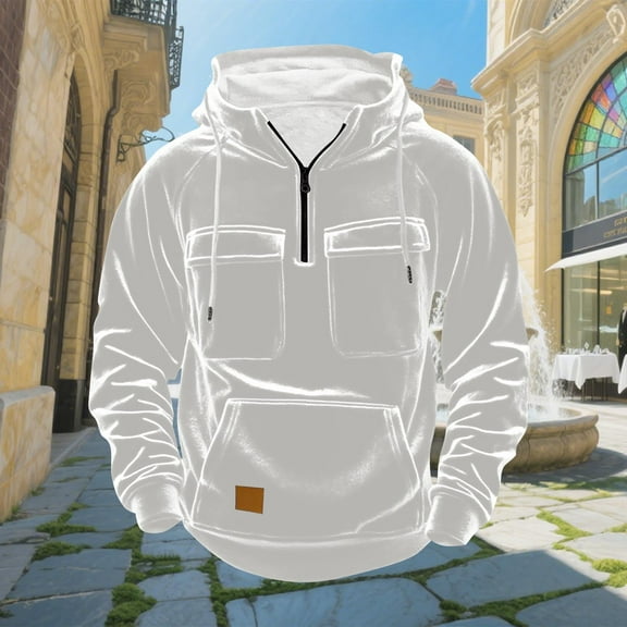 Velvet-Hoodies for Men with Pockets and Zipper Mock Neck Pullover Sweatshirts Mens Trendy Solid Color Long Sleeve Loose Athletic Workout Hoodie Tops