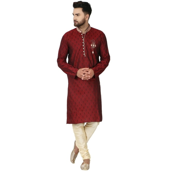 SKAVIJ Kurta Pajama Set for Men Jacquard Silk Wedding Dress Red L