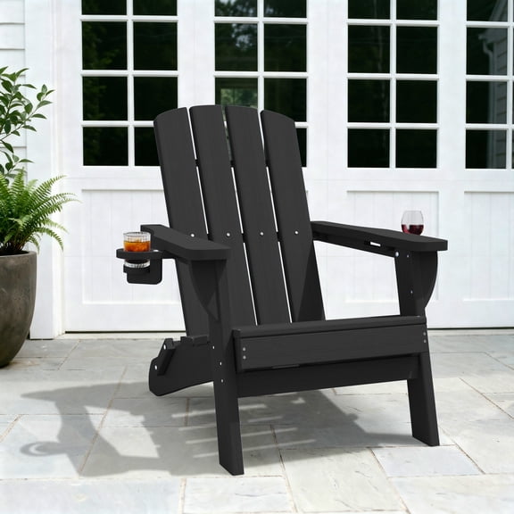SUUNYN Folding Adirondack Chair, HDPE All-Weather Fire Pit Chairs, Plastic Adirondack Chairs with 2 Cup Holder, Black