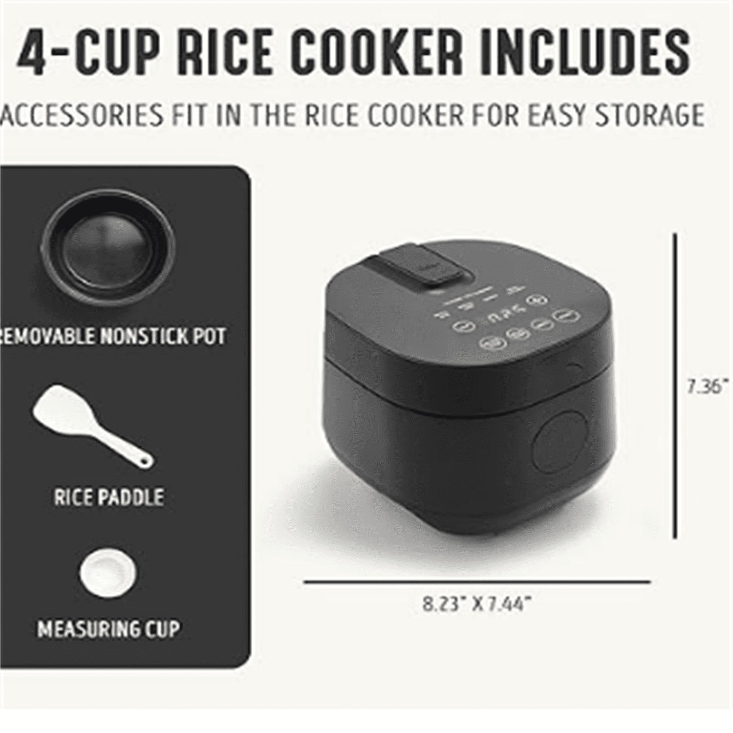 Digital Rice Cooker, 2-Cups Uncooked/4-Cups Cooked, Removable Nonstick Ceramic PFAS-Free Pot, One-Touch Presets, Oats, Quinoa, Brown Rice, Auto Keep Warm, Fuzzy Logic Tech, 1.5QT, Black