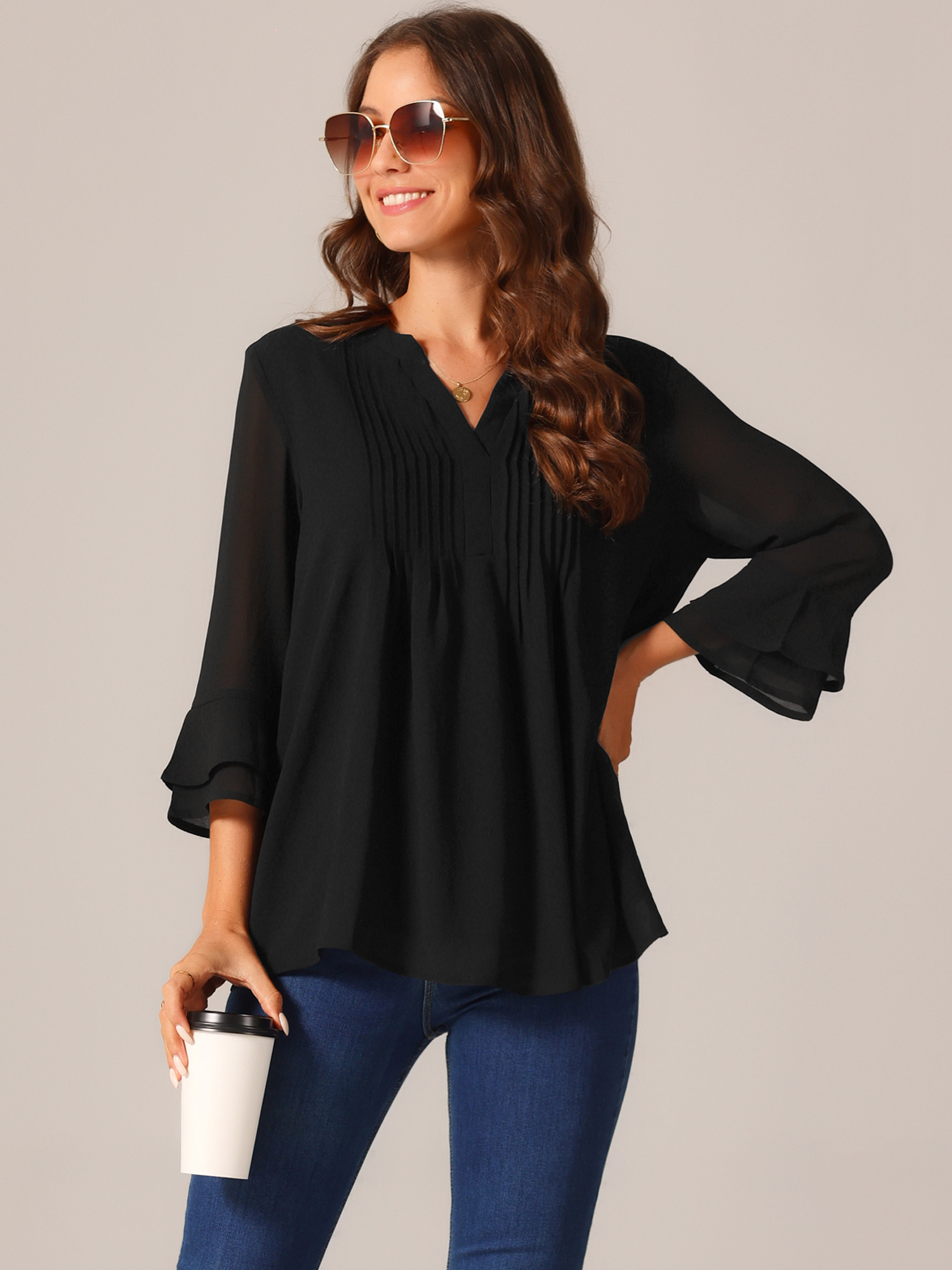 DARING DIVA Women's Chiffon 3/4 Sleeve Tunic Tops Blouse Pintuck Shirts M Black