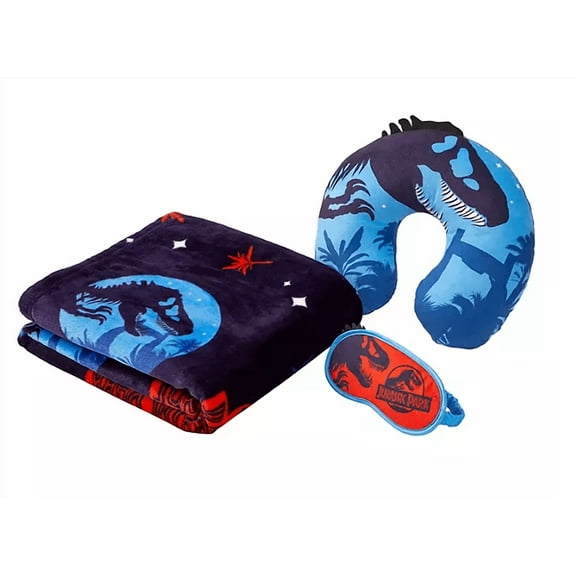 3-Piece Kids' Jurassic Park Travel Set – Throw Blanket, Eye Mask, and Neck Pillow for Dino Adventures