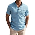 thumbnail image 3 of Men's Casual Button Up Shirt Polyester Blend | Short Sleeve Stand Collar With Breathable Fabric Beach Shirt | Sun Protection Vacation Tops Comfortable Daily | Zenithor,Sky Blue XL, 3 of 8