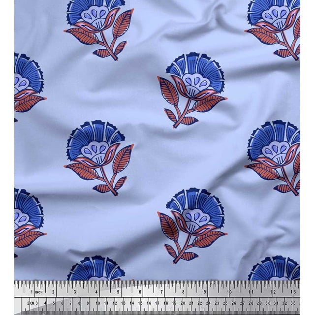 Soimoi Rayon Crepe Fabric Leaves & Floral Block Print Sewing Fabric Yard 46 Inch Wide