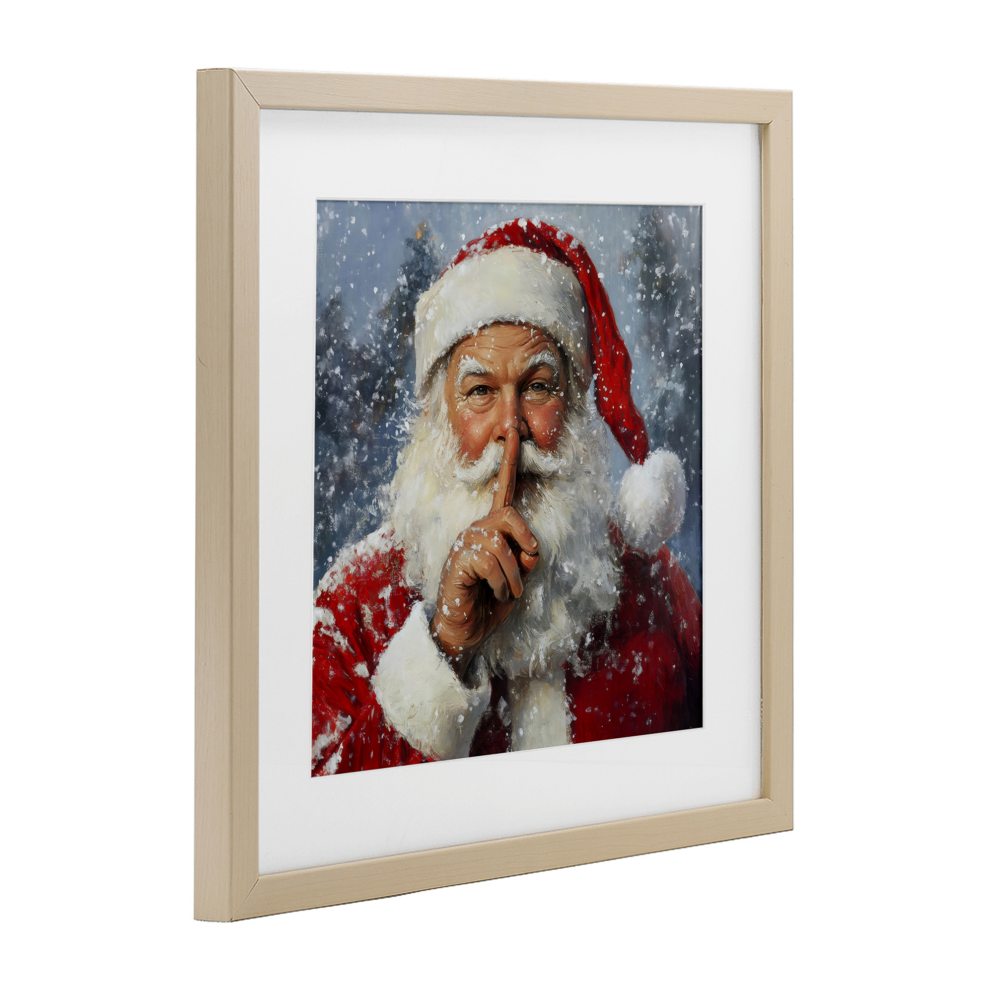 Secret Santa Shh Birch Framed Print Under Glass, design by Petal Prints Design