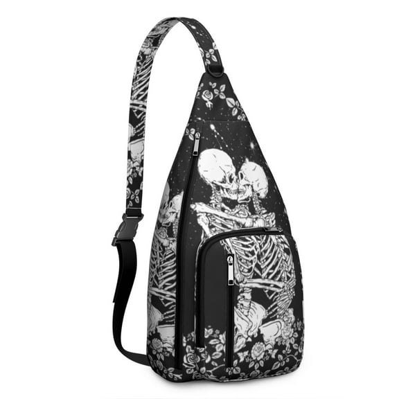 Gothic Butterfly Sling Backpack - Skeleton & Rose Fire Pattern Crossbody Shoulder Bag, Water-Resistant Material