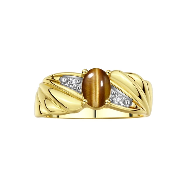 RYLOS Bagues pour Femmes Bague Aile d'Ange en Or Jaune 14K Pierre de Naissance Pierre Précieuse 7X5MM et Diamants Bijoux Oeil de Tigre pour Femmes Bagues en Or pour Femmes Taille 7