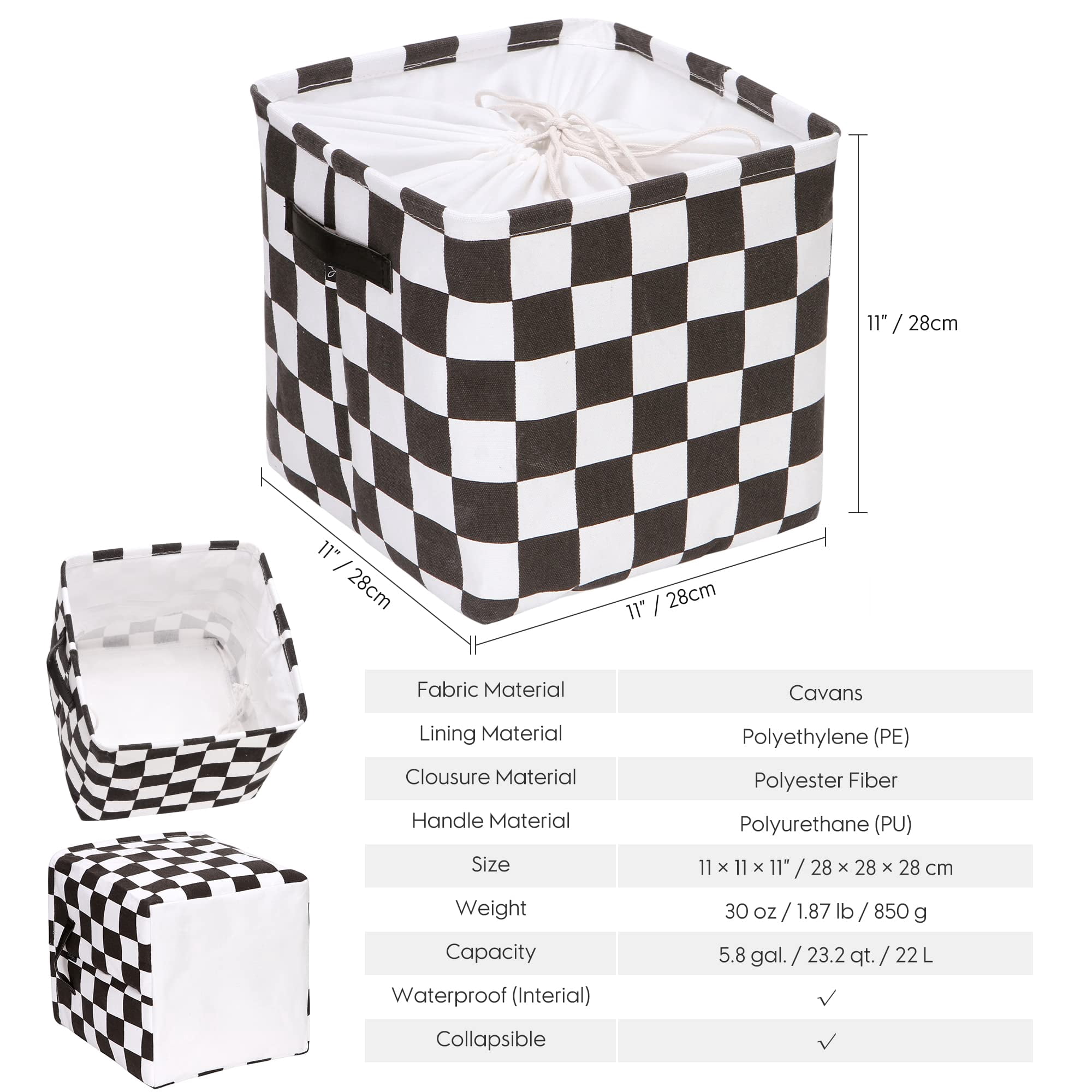 Hinwo 3-Pack Square Organizer Shelf Bins, Canvas Fabric Storage Baskets with Handles & Drawstring Cover, 22L Collapsible Storage Boxes, 11 x 11 x 11 Inches, Black Checkerboard