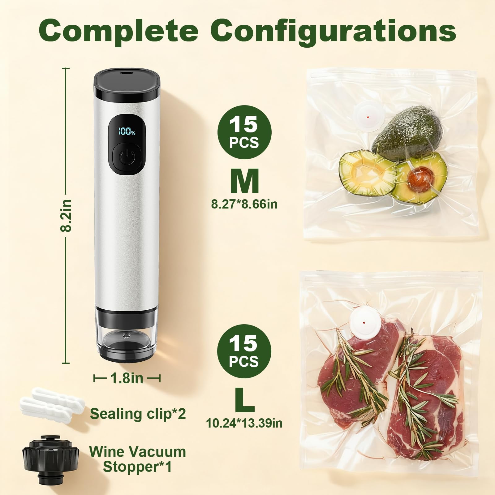TOCOKEID Metal Handheld Vacuum Sealer, 60kPa Portable Food Sealer with Detachable Tank, 30 Bags & 2 Clips for Kitchen, Camping, Travel Storage