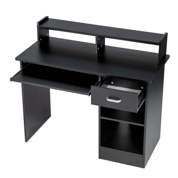 RTRWDC Black Computer Desk - Grade E1 15mm Particleboard Home Office Desk with 1 Drawer and 2 Shelves, 43.3" x 19.69" x 37.4" for Teenagers/Adults