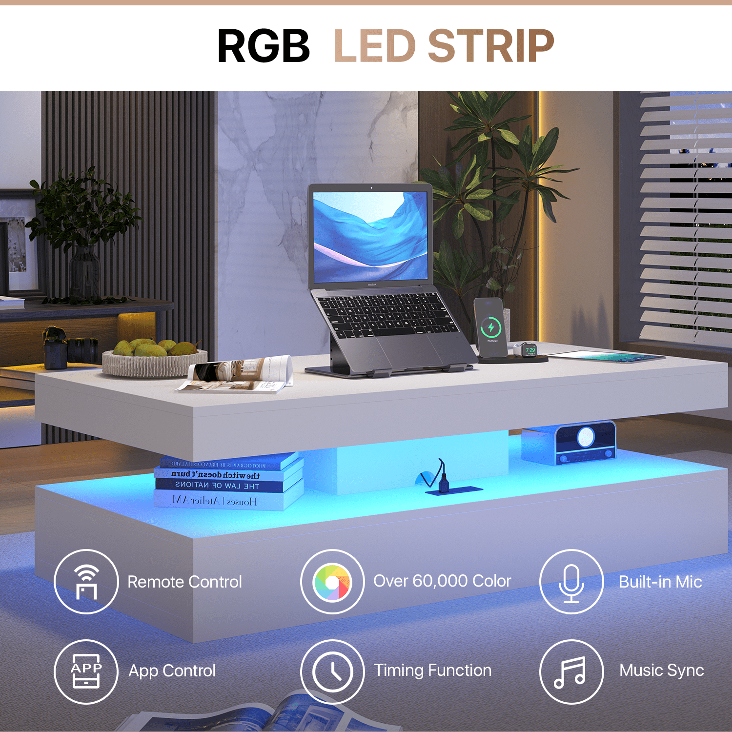 Sonegra 47" High-Glossy LED Coffee Table, Storage Coffee Table with 2 Sliding Drawers for Living Room, Modern Stylish Double-Layer Center Tables with LED Lights, White