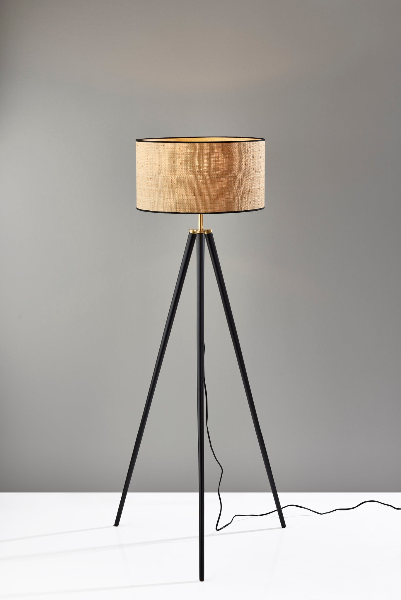 Adesso Jackson 19.15" Coastal Adjustable Head Black Wood w. Antique Brass Accents Tripod Lamps Floor Lamp with Black Wood w. Antique Brass Accents Shades
