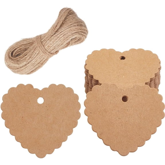 100Pcs 2.4x2.56 Brown Kraft Paper Gift Tags Heart Blank Hang Tag Wavy Edge Name Label with 65.6Ft(20m) Jute Twine Double Sided Hanging Signs for Valentine's Day Mother's Day Wedding Party