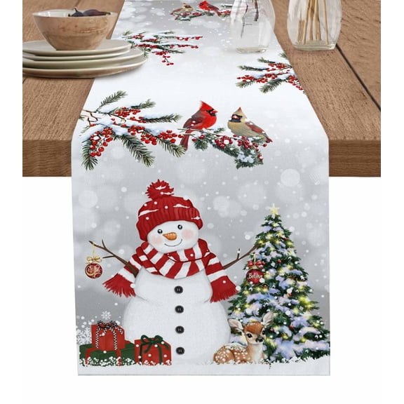 Grey Snowman Christmas Table Runner 72 Inches, Xmas Tree Branch Birds Bed Runner Dresser Scarves Tabletop for Indoor Outdoor Parties/Ceremony/Banquet, 13" x 72"