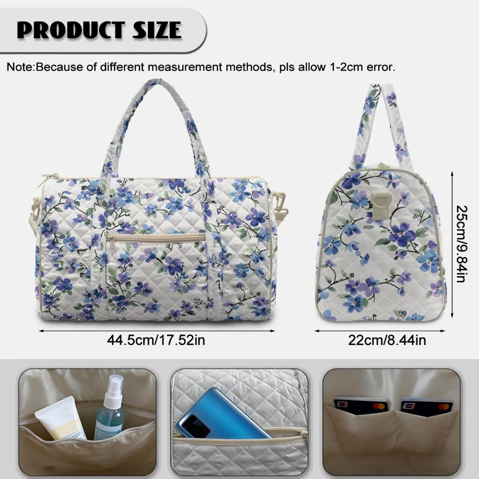 Pzuqiu Floral Quilted Weekender Bag for Women Large Capacity Puffer Travel Duffle Carry On Tote Lightweight Soft Overnight Gym Bag with Luggage Sleeve Portable Travel Bags