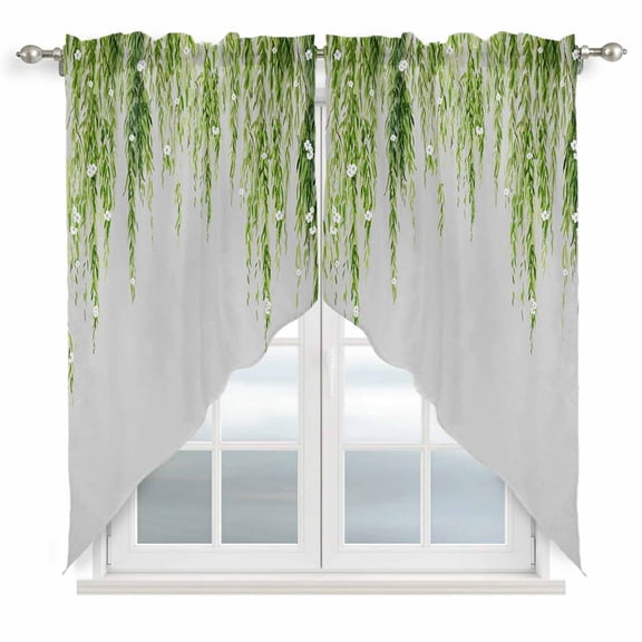 Sage Green Swag Curtains for Kitchen/Bedroom/Living Room, Summer Botanical Leaves Watercolor Scalloped Curtains 63 Inch Long, Rod Pocket Window Swag Topper Curtains Valances 2 Panels Set 36"x63"