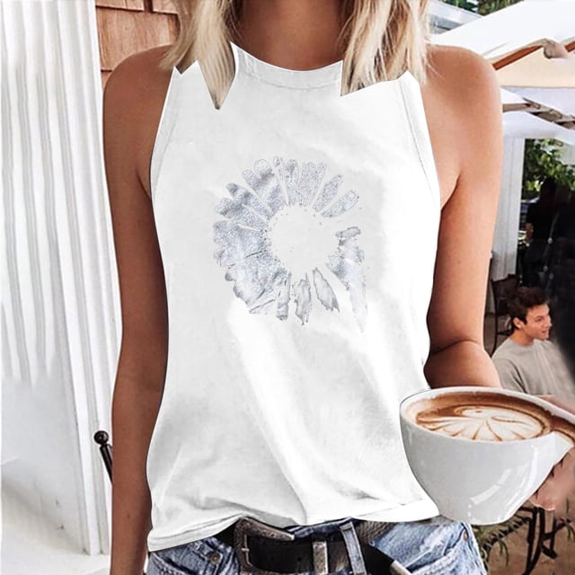 CEHVOM Women's Fashion Summer O Neck Sleeveless Casual Printed Tank Tops
