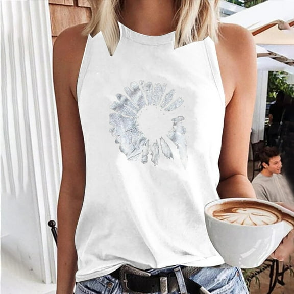 Spring Tops for Women Tank Tops for Women Women Sun and Moon Print Tank Fit O-Neck Sleeveless Block Shirts Tunic Tee Tops