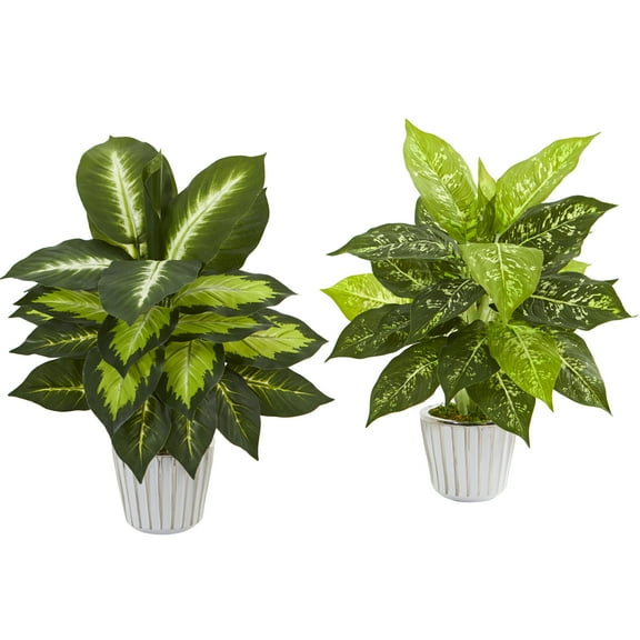 Nearly Natural 19in. Dieffenbachia Artificial Plant in White Vase (Set of 2)