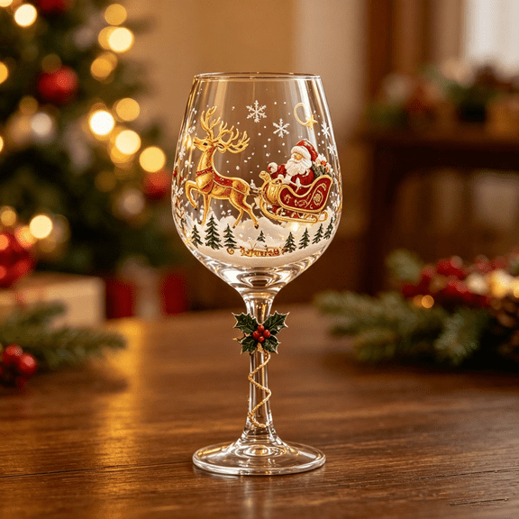 Christmas 3D Wine Glass Collection Gift, Reindeer Sleigh Pattern Stemmed Wine Goblet, Golden Spiral Stem, Decorative Drinkware for Winter Home Festivities