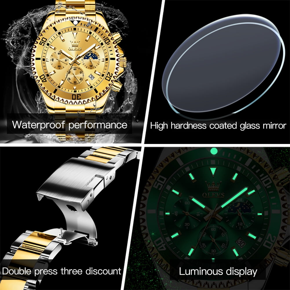 OLEVS Watches for Men Luxury Analog Quartz Chronograph Business Dress Gold Plated Stainless Steel Moon Phase Waterproof Luminous Date Casual Mens Wrist Watches Reloj Para Hombre