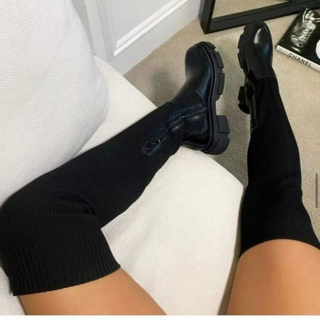 Botas largas de mujer europeas y americanas de otoño e invierno, botas de punto con punta redonda y suela gruesa, botas de tubo por encima de la rodilla para mujer, talla grande 43