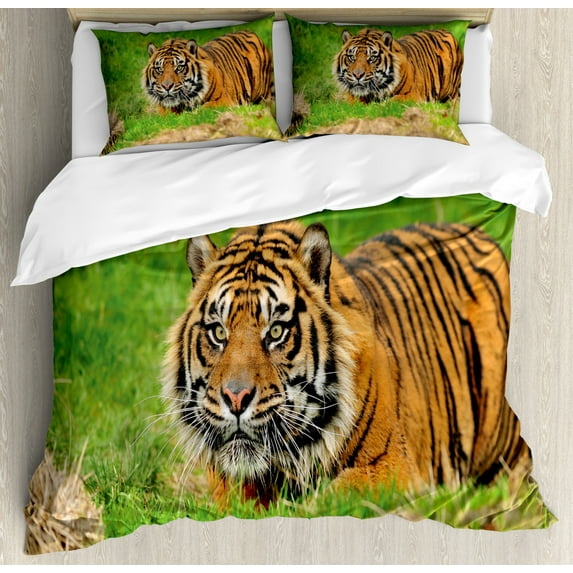 Tiger Duvet Cover Set, Sumatran Feline Hiding in Ambush While Stalking Its Prey Moments Before Attack, Decorative 3 Piece Bedding Set with 2 Pillow Shams, Queen Size, Green Orange, by Ambesonne