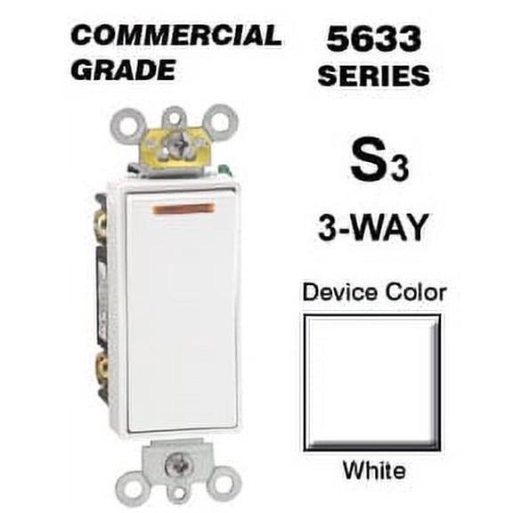 Leviton 5633-2W Rocker Switch Decora 3-Way 20 Amp 120 VAC Self-Grounding Commercial Grade Back and Side Wired - White
