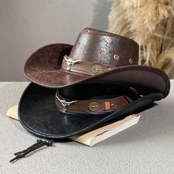 Only Moment Coffee Vintage Western Cowboy Hat PU Suede Wide Brim with Rivet Belt Windproof Cap Rope Party Daily Sun Hats M