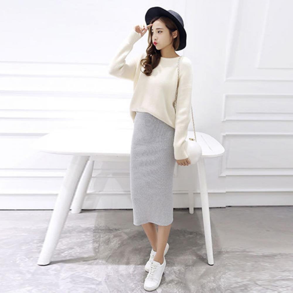 Women Casual Split Pencil Skirt Calf-Length Ladies Cotton Solid