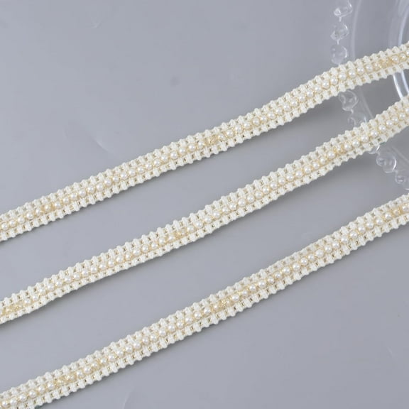 10 Yards Faux Pearl Ribbon Golden Embroidered Lace Trim Vintage Edging Fabric Applique for Costume Sewing DIY Lamp Shade Wedding Decors,15MM