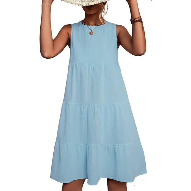Vestido Sin Mangas Con Gradas Vestido Con Gradas Vestido Casual Con Gradas Elegante Vestido Con Gradas Cuello Redondo Vestido Con Gradas Vestido Con Gradas De Cuello Redondo Mujer ANGGREK HE1711