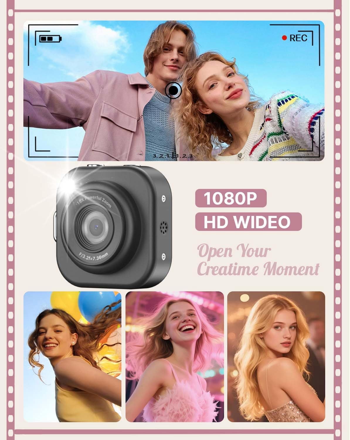 W & O Q16 Portable 46 MP Point & Shoot Digital Cameras with 32GB Card, Black