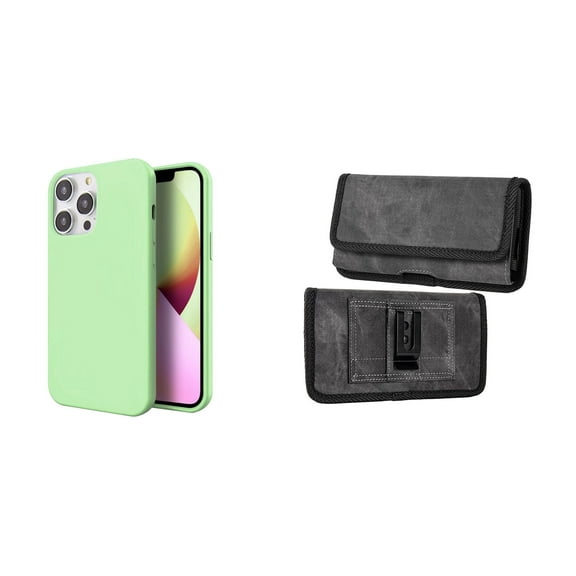 Slim Silicone Case and Belt Holster Pouch for iPhone 14 Pro Max (Mint Green/Gray)