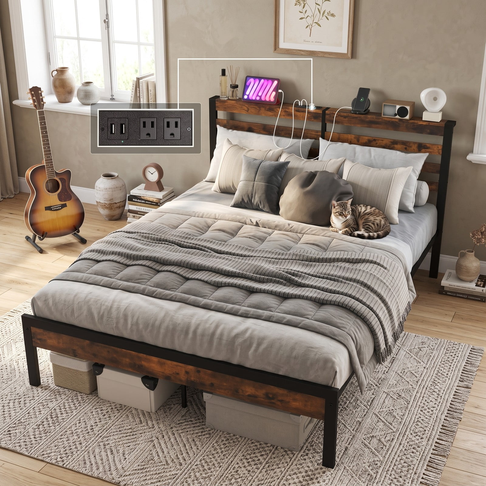 Furnibear Queen Bed Frame with Storage, Metal Platform Bed with Storage Headboard and Charging Station, Rustic Brown