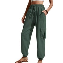 Defitshape Women's Casual Cargo Pants Long Pants Winter Elastic Waist Pocket Mid Rise with Pockets Dark Green Small