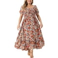 thumbnail image 1 of GRACE & GRANDEUR Women's Plus Size Short Sleeves Square Neck Smocked Boho Floral Maxi Dresses 3X Red, 1 of 6