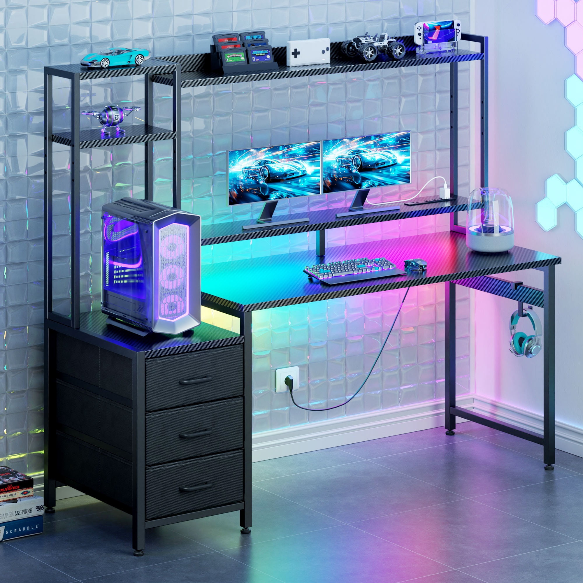Casacomoda 55 inch Gaming Desk with LED Lights & Power Outlets, Home Office Desk with Reversible Storage Drawers & Monitor Shelves, Carbon Fiber  Black