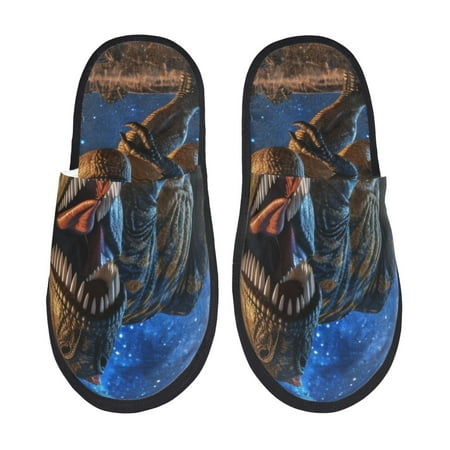 Balery Starry Night Charging Dinosaur Slient Indoor Furry Fleece Comfort House Shoes Soft Non-Slip Home Shoes Cotton slippers House Slippers-- Medium