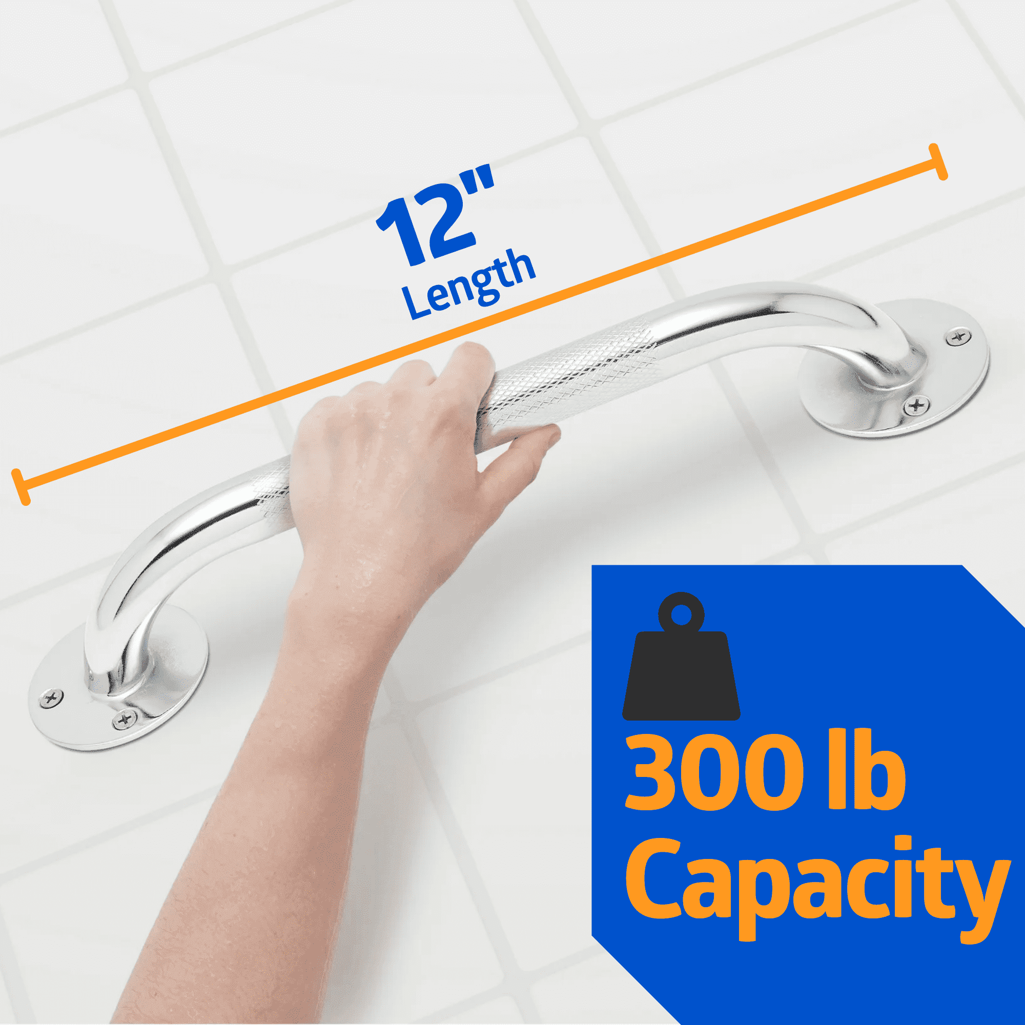 Medline Grab Bar Bathtub and Shower Handle for Seniors, 12In, 300 lb. Capacity, Steel, Knurled Chrome