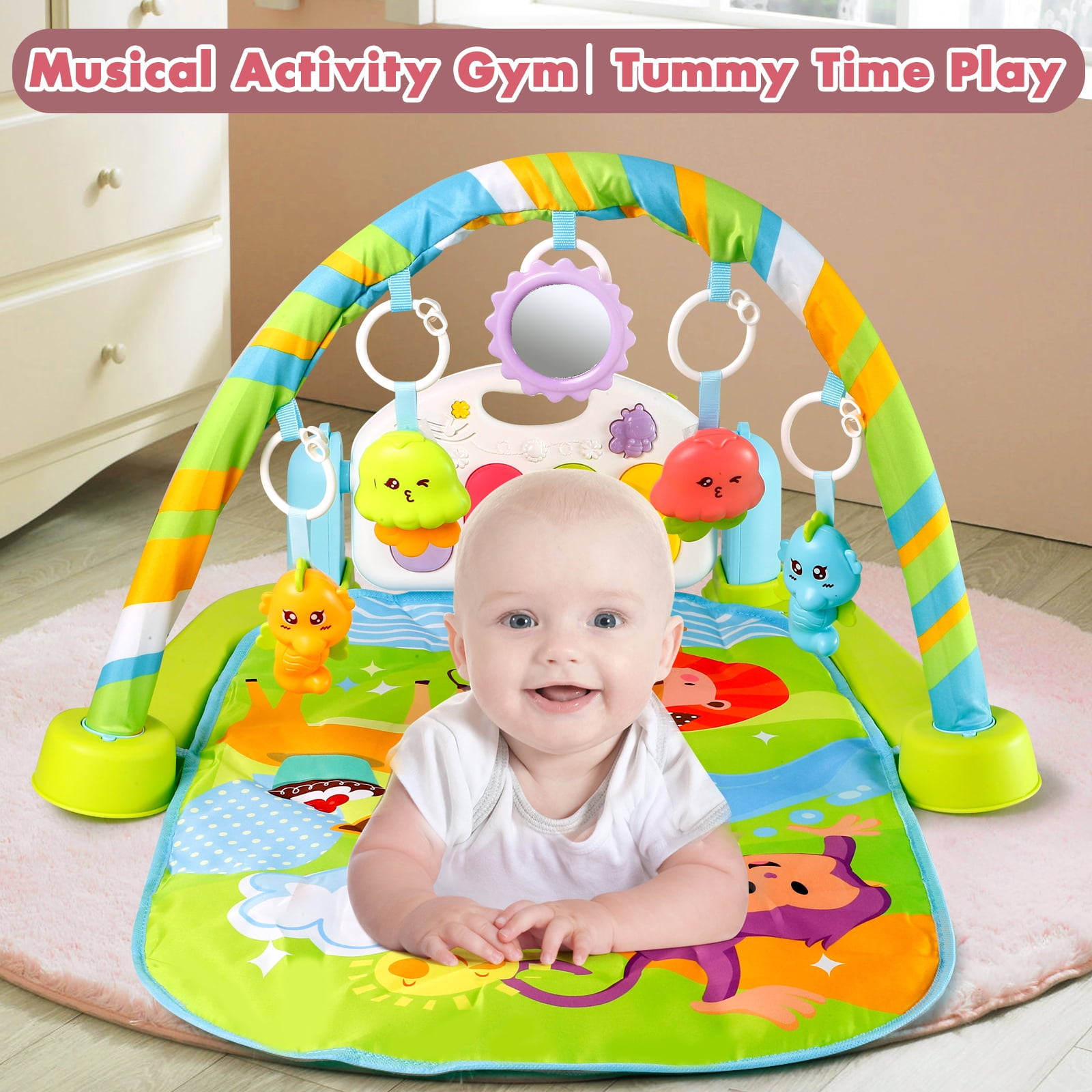 Baby Play Mat Baby Gym Funny Play Piano Tummy Time Baby Activity Gym Mat with 5 Infant Learning Sensory Baby Toys, Music and Lights Boy & Girl Gifts for Newborn Baby 0 to 3 6 9 12 Months