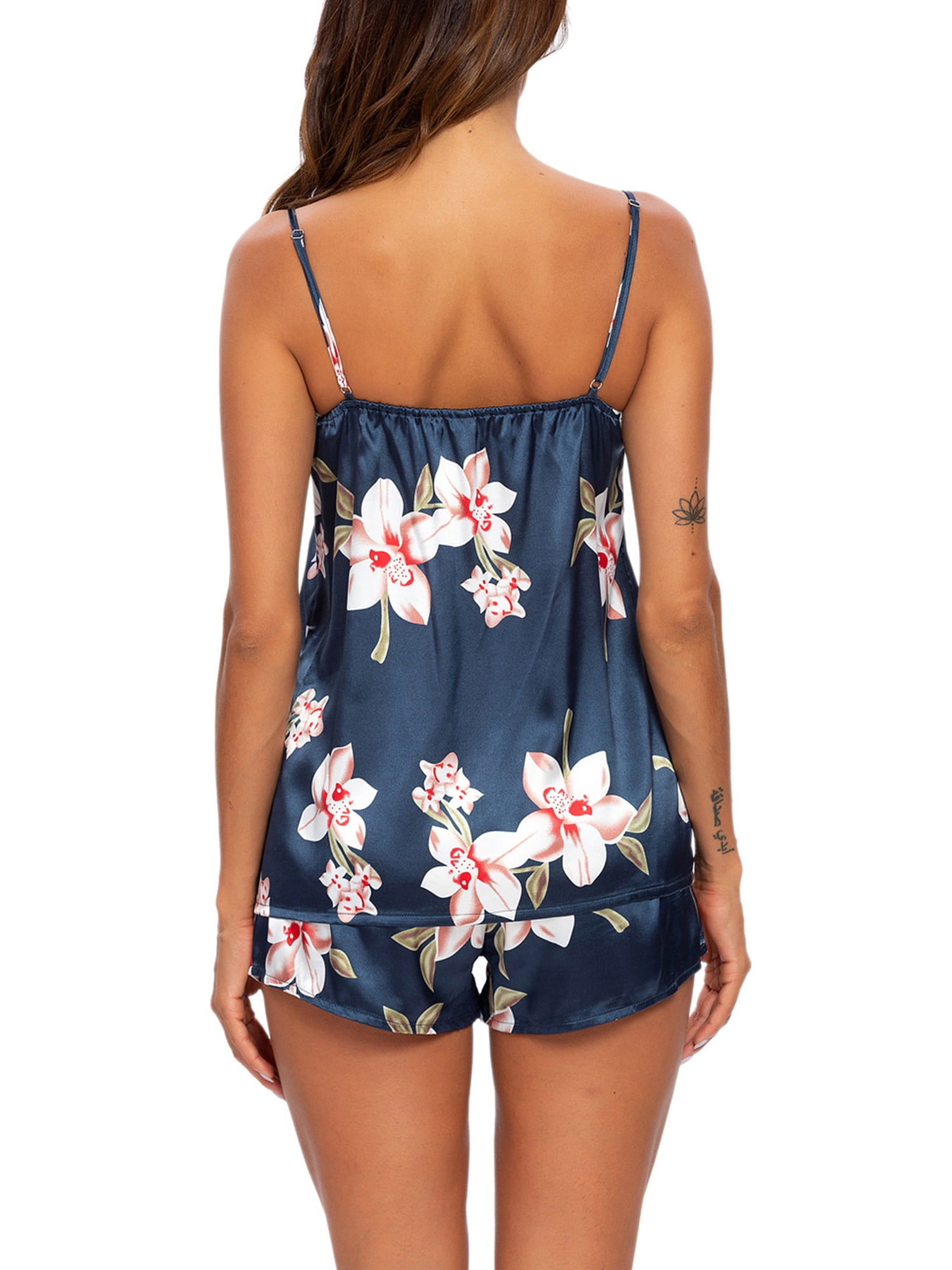 Unique Bargains Womens Sleeveless Cami Shirt Satin Lounge Set Pajama Sleepwear Sets