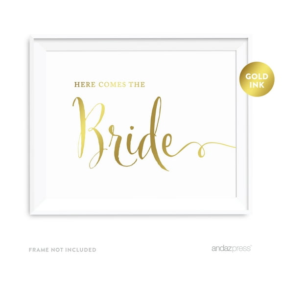 Here Comes The Bride Metallic Gold Wedding Party Signs