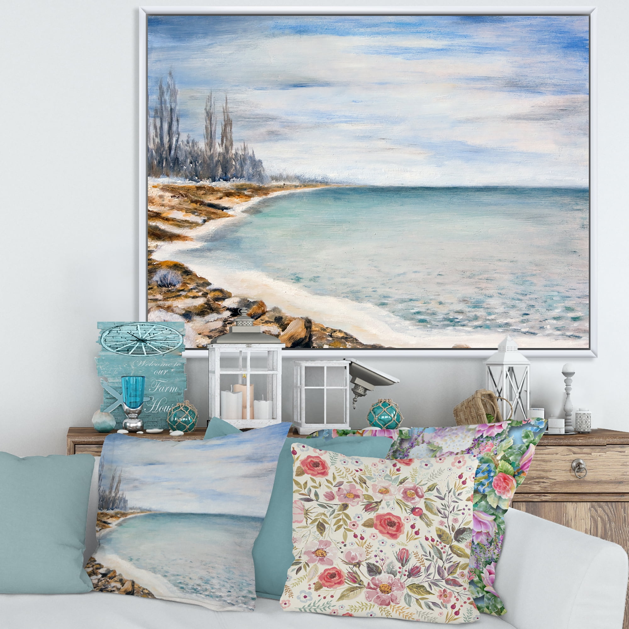 Designart 'Beach Is Covered With Ice' Nautical & Coastal Framed Canvas Wall Art Print