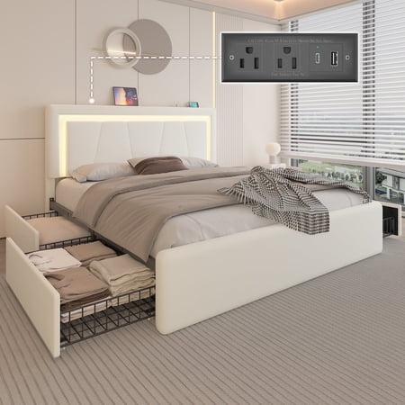 E-Motie Full Size Bed Frame with 4 Storage Drawers and LED Lights, Upholstered Platform Bed with Adjustable Headboard and Charging Station, Metal Slats Support, White