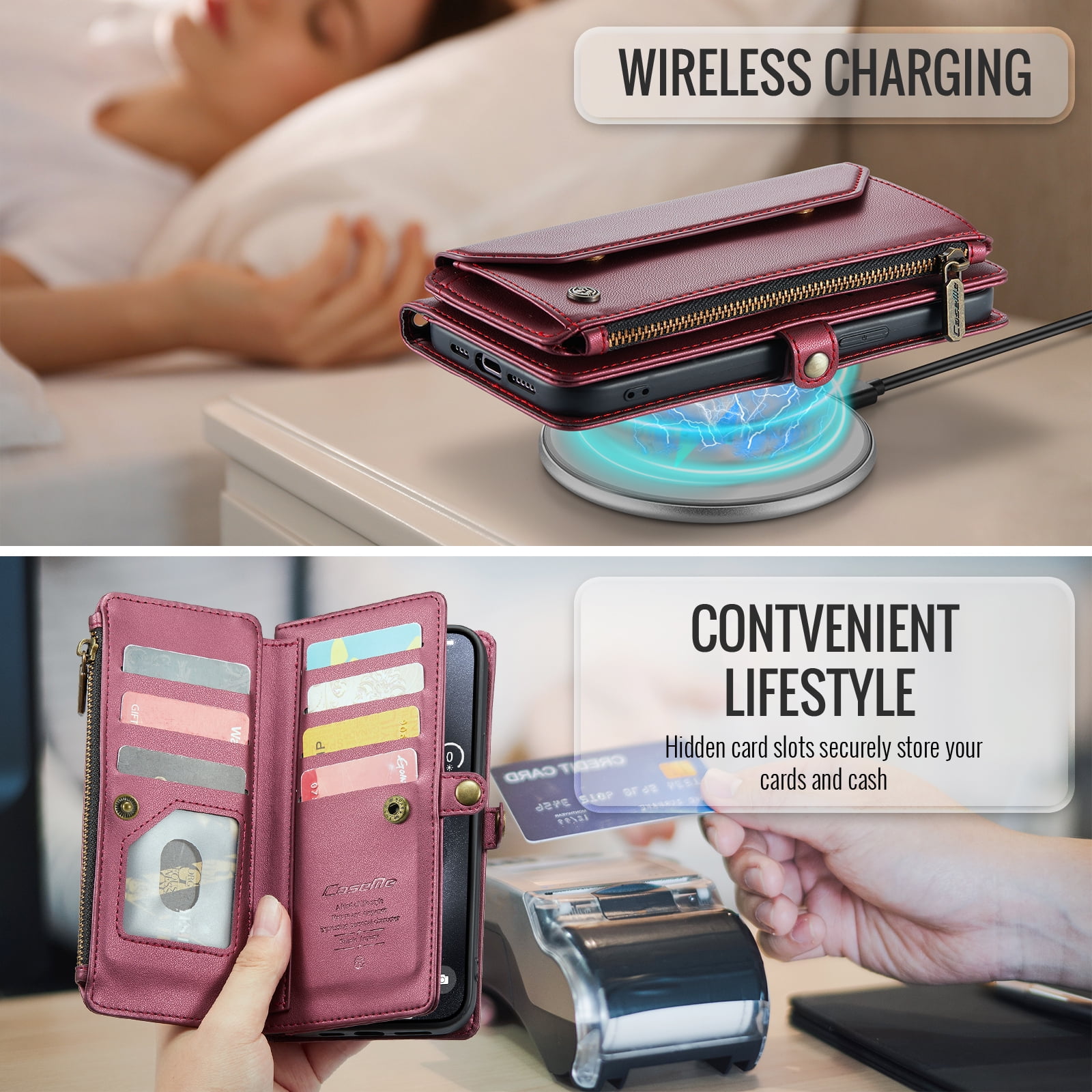 Dteck for iPhone 11 Pro Case with RFID Blocking Wallet Case for Women Men, Shockproof PU Leather Magnetic Flip Strap Zipper Card Holder Phone Case,Winered