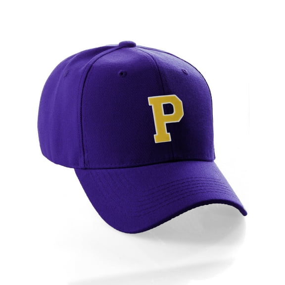 Classic Baseball Hat Custom A to Z Initial Team Letter, Purple Cap White Gold Letter P