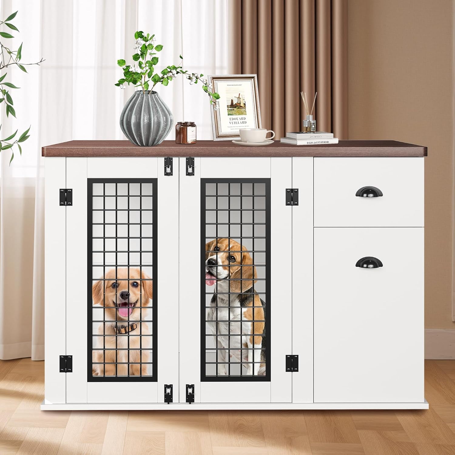 44 inch Dog Crate Furniture, Heavy Duty Wooden Pet Kennel with Drawers & Side Cabinets, Decorative Dog Crates for Small Medium Large Dogs, White