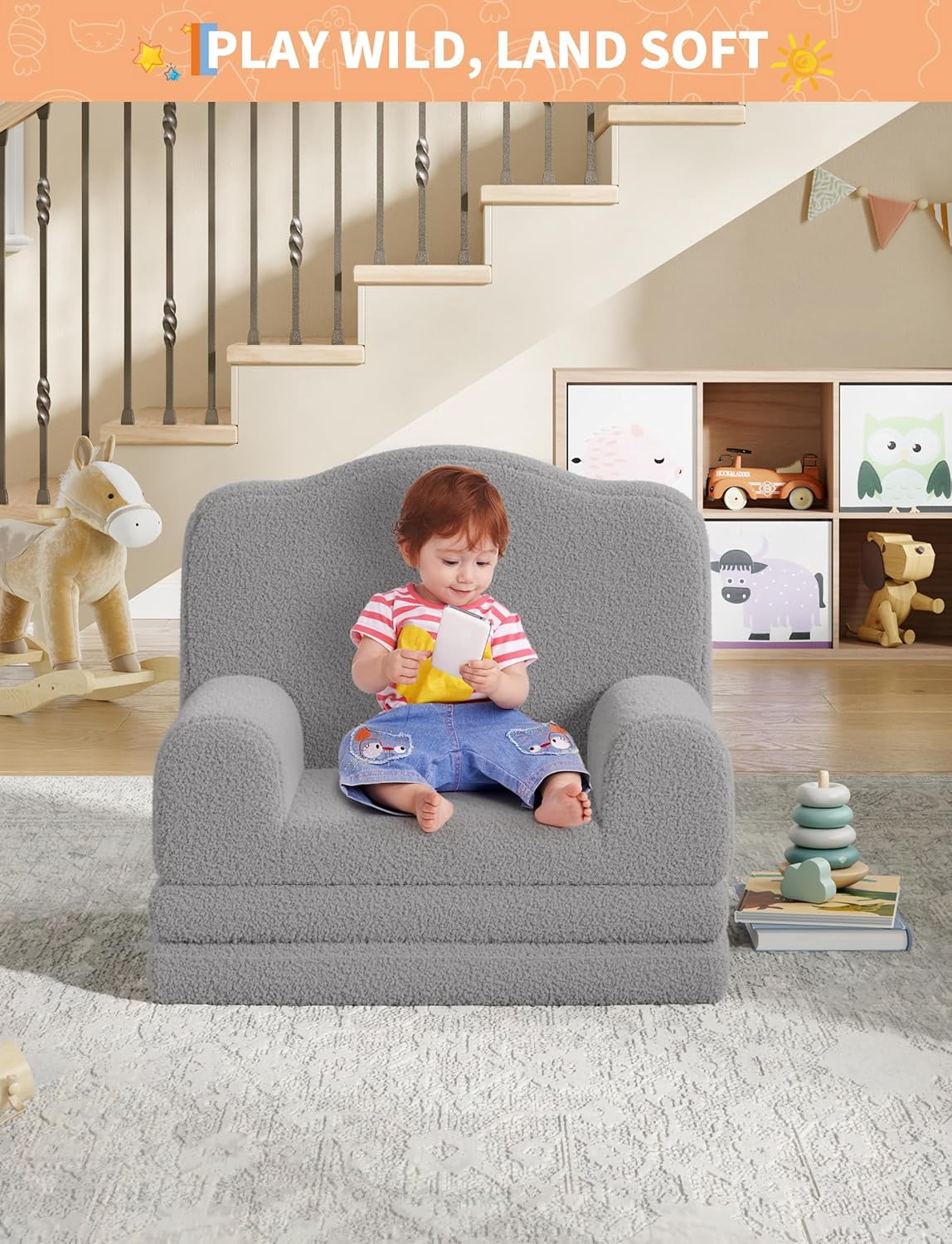Kids Couch, 2-in-1 Convertible Teddy Fleece Fabric Toddler Sofa Chair, Soft Fold Out Couch Lounger for Kids, Comfy Children's Sofa Bed for Playroom, Nursery, Birthday Gift (Gray Crown)