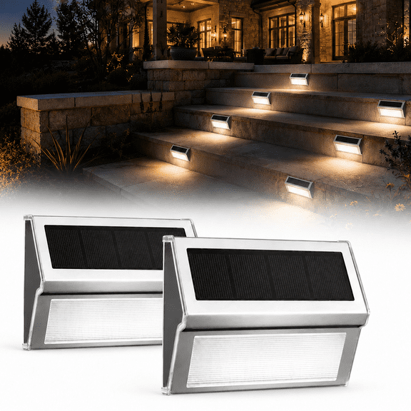 GKAJYZL Solar Step Lights Outdoor, 9 LED Stainless Steel Fence Deck Lights, White, Dusk to Dawn for Stairs, Wall, Garage, Porch, 2 pack